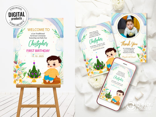 Cute 1st Birthday Invitation, Southeast Asian Theme, Customize Template #fbiv230505