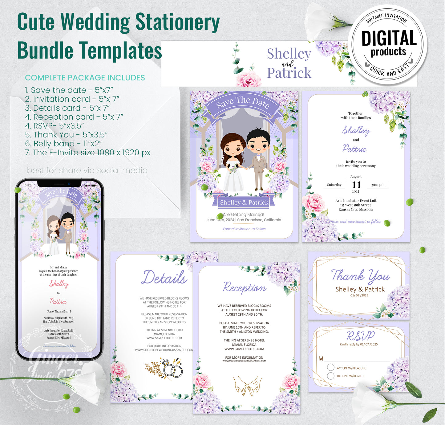Cute Wedding Invitation, E-invitation, Digital Template #ctwd230701