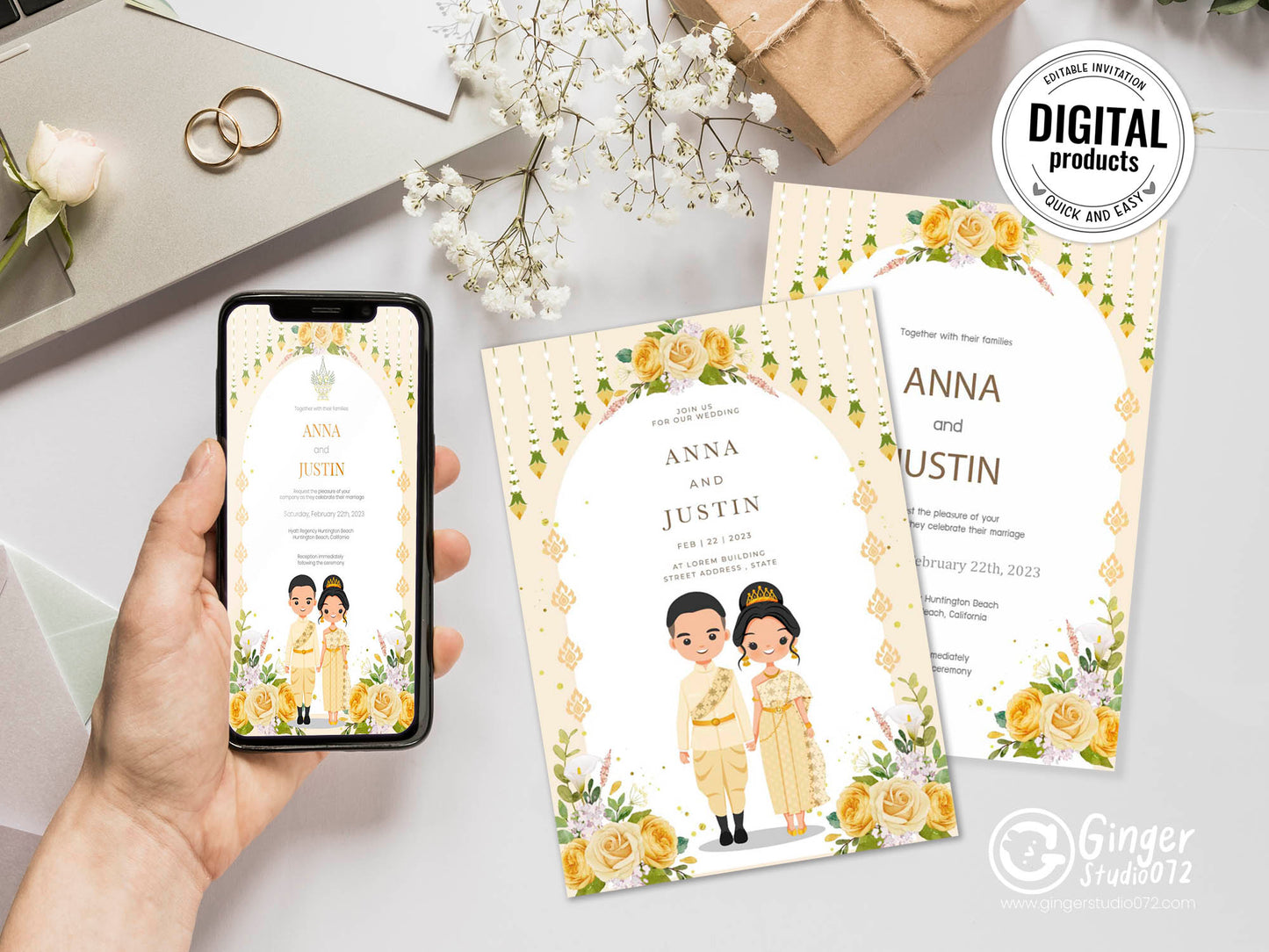 Cute Asian, Khmer, Lao, Thai Wedding invitation, E-Invite template #sewc220102