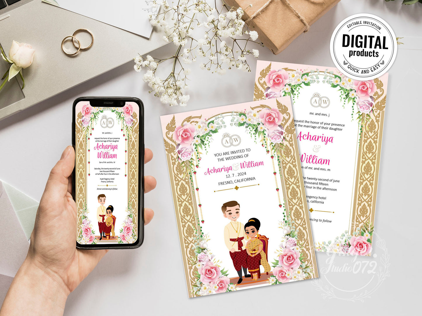 Cute Asian, Khmer, Lao, Thai Wedding invitation, E-Invite template #sewc230108