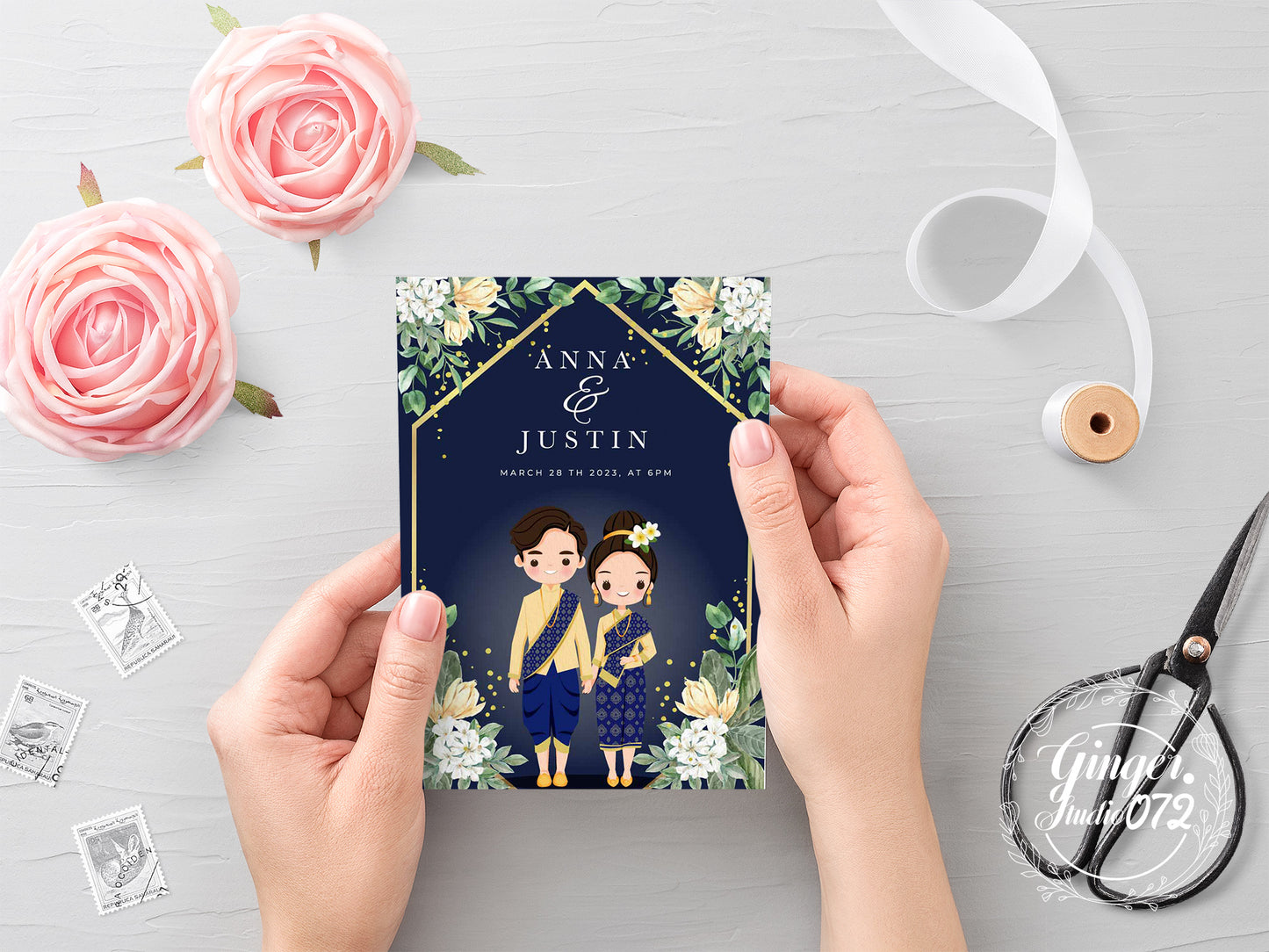 Cute Asian, Khmer, Lao, Thai Wedding invitation, E-Invite template #sewc211201