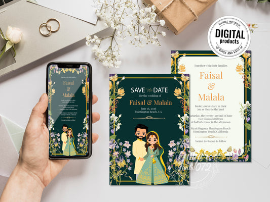 Cute Indian/Hindu wedding invite, Haldi/Mehndi/Sangeet, Customize template #idwc210109