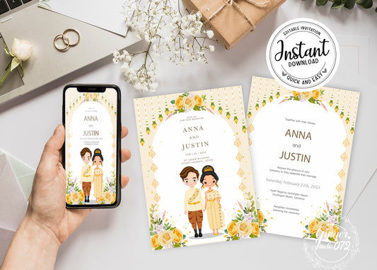 Cute Asian, Khmer, Lao, Thai Wedding invitation, E-Invite template  #sewc220103