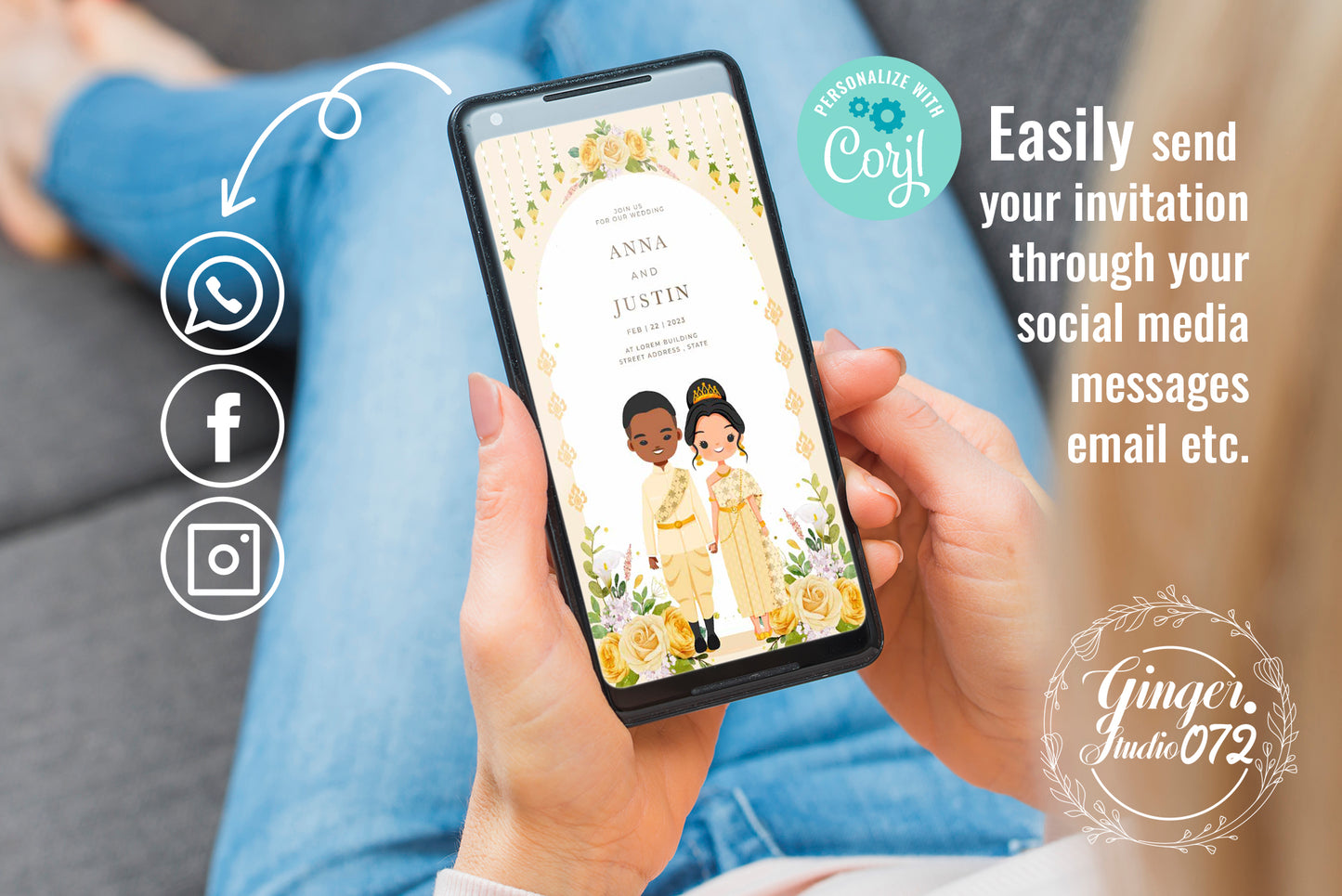 Cute Asian, Khmer, Lao, Thai Wedding invitation, E-Invite template #sewc220102