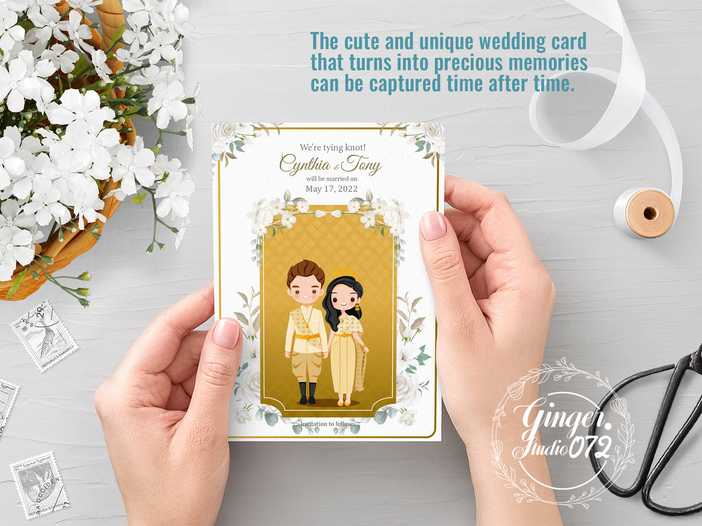 Cute Asian, Khmer, Lao, Thai Wedding invitation, E-Invite template #micv220801