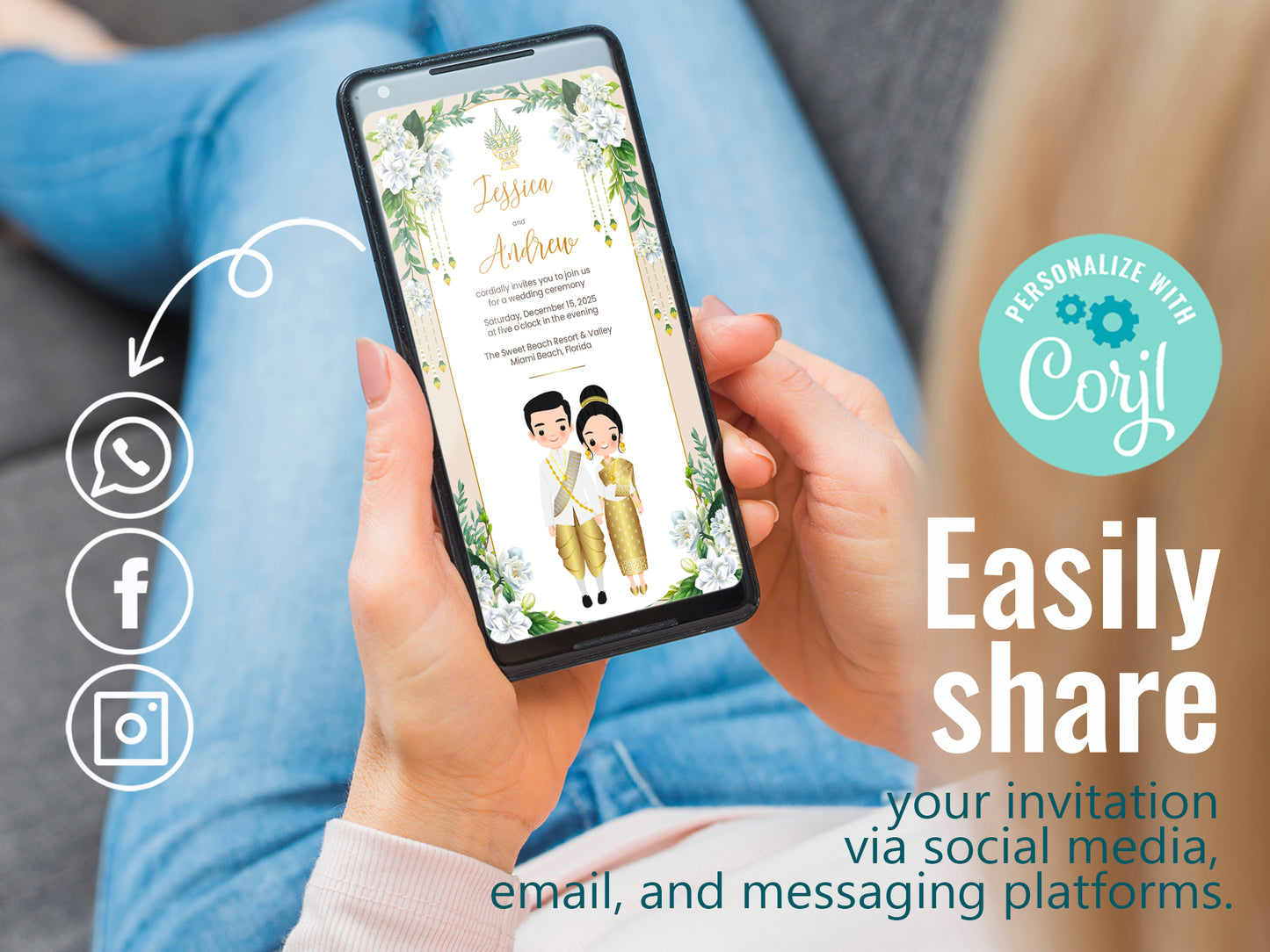 Cute Asian, Khmer, Lao, Thai Wedding invitation, E-Invite template #sewc240502