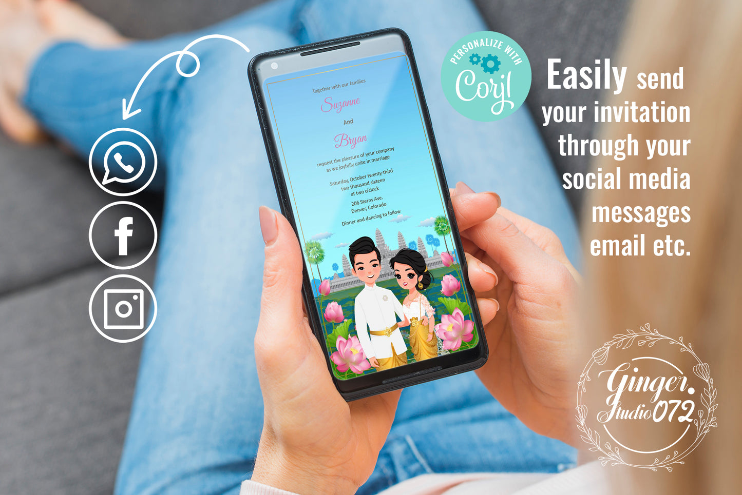 Cute Asian, Khmer, Lao, Thai Wedding invitation, E-Invite template #sewc220802