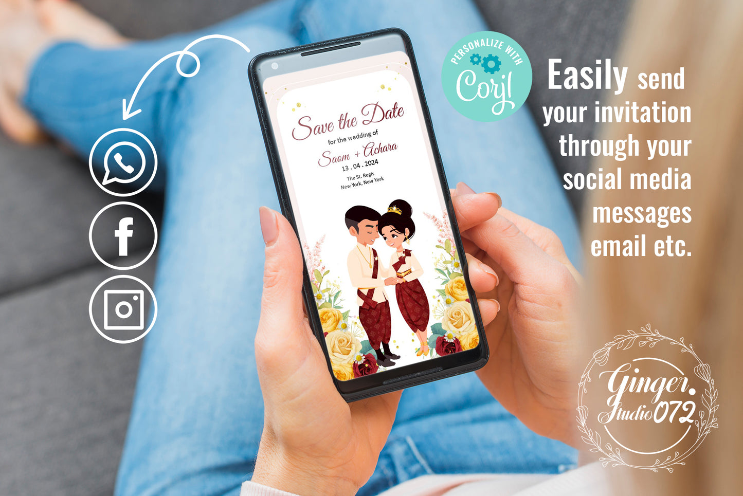 Cute Asian, Khmer, Lao, Thai Wedding invitation, E-Invite template #sewc220402