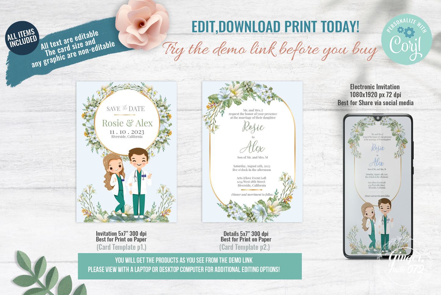 Cute Uniform Wedding, Doctor couple wedding, Invitation Template #UWIV230102