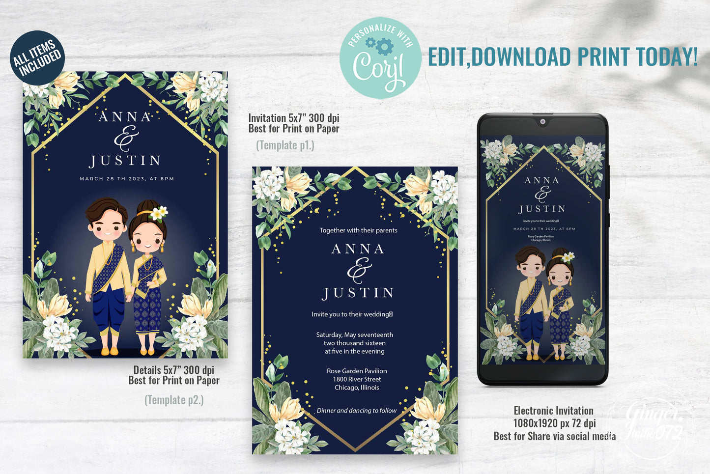 Cute Asian, Khmer, Lao, Thai Wedding invitation, E-Invite template #sewc211201
