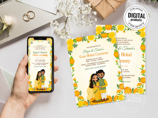 Cute Indian/Hindu wedding invite, Haldi/Mehndi/Sangeet, Customize template #idhd220801