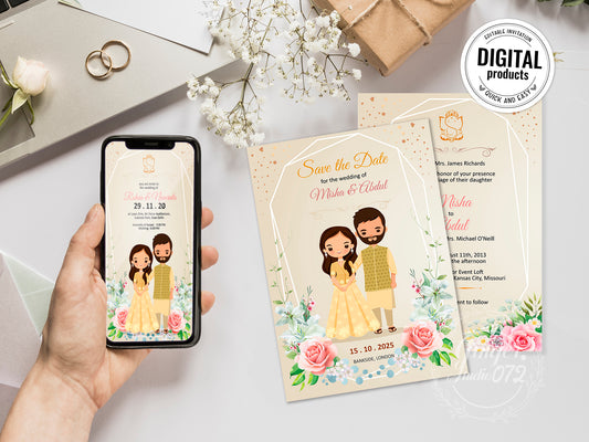 Cute Indian/Hindu wedding invite, Haldi/Mehndi/Sangeet, Customize template #idwc201003