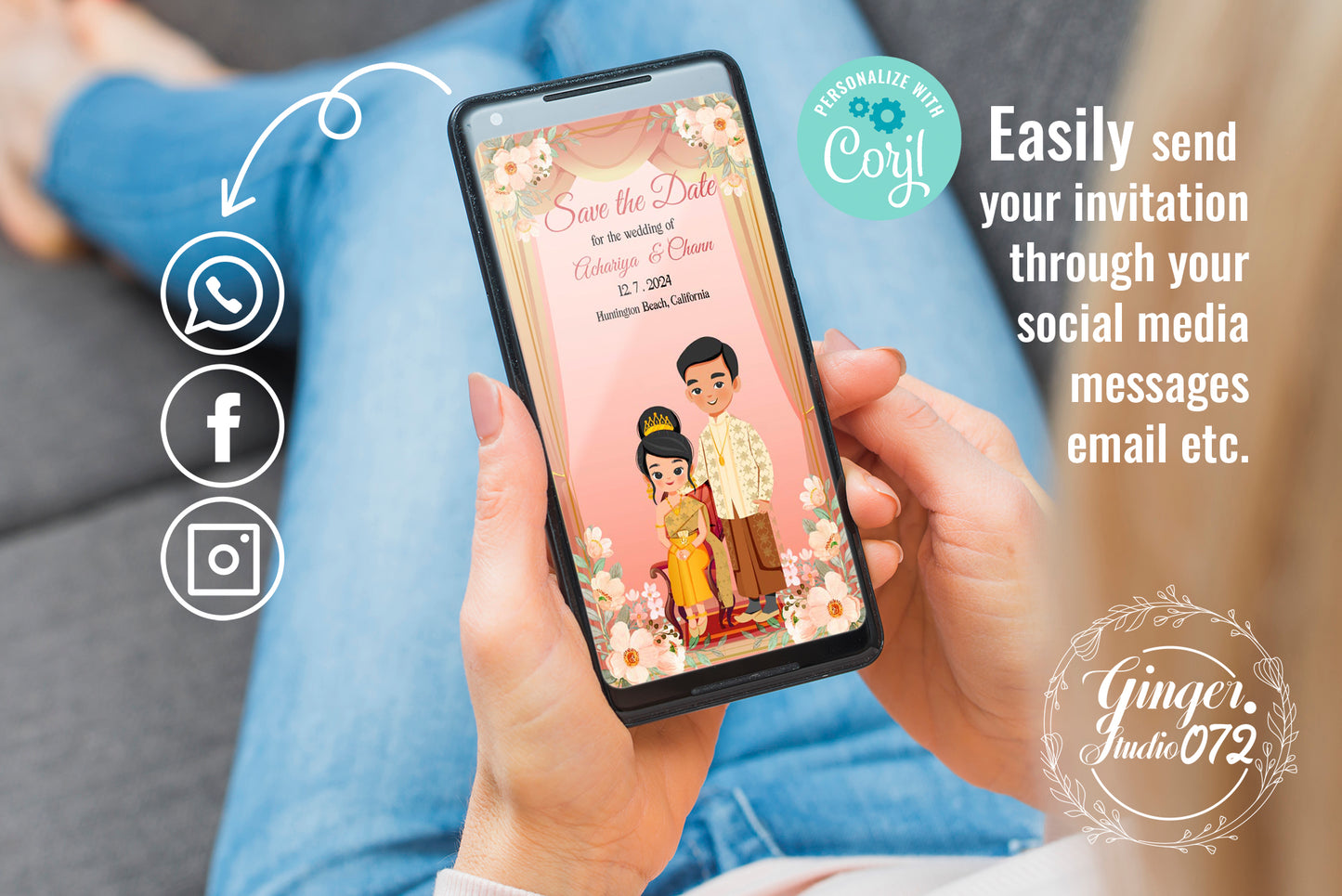 Cute Asian, Khmer, Lao, Thai Wedding invitation, E-Invite template #sewc220301