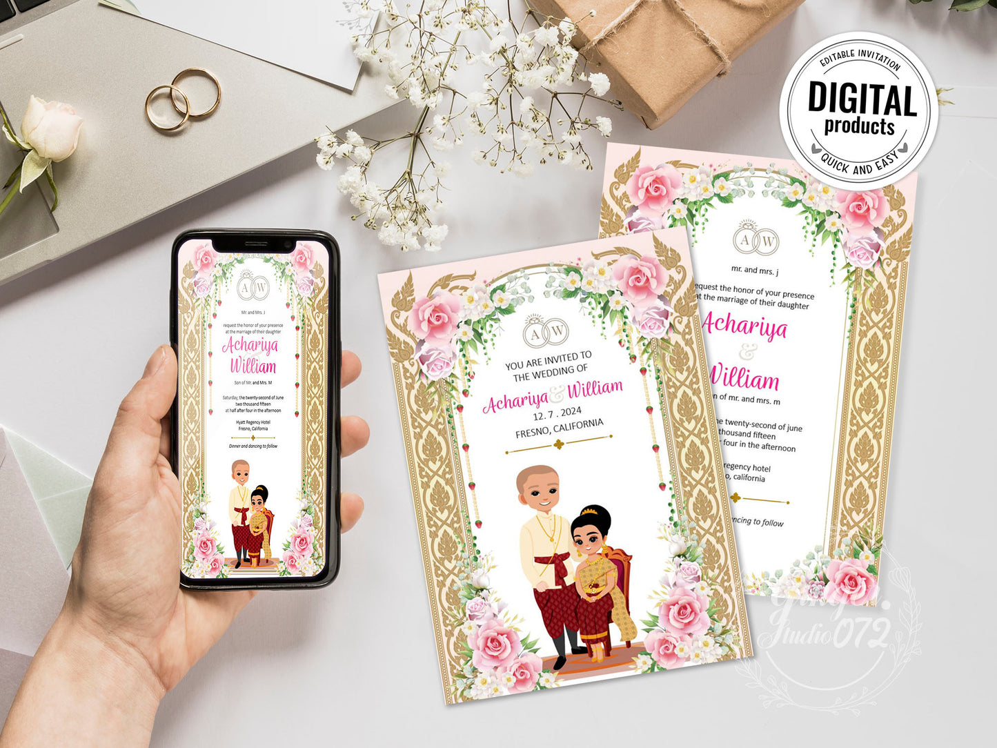 Cute Asian, Khmer, Lao, Thai Wedding invitation, E-Invite template #sewc230108