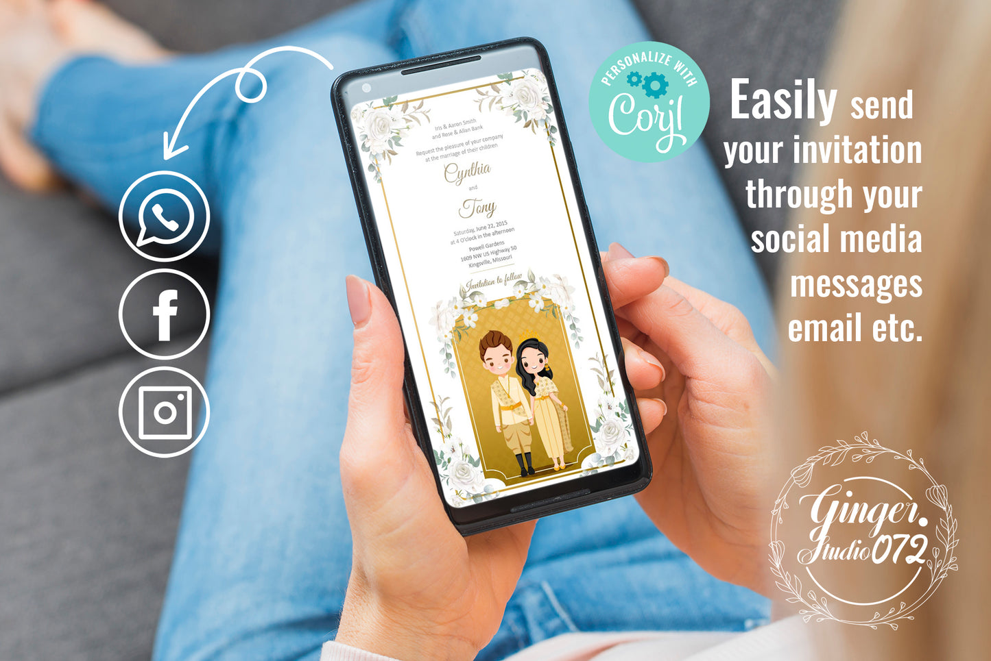 Cute Asian, Khmer, Lao, Thai Wedding invitation, E-Invite template #micv220801