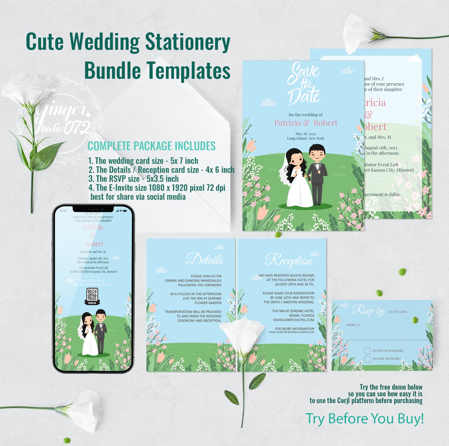 Cute Wedding Invitation, E-Invitation, Digital Template Set ##wd2271