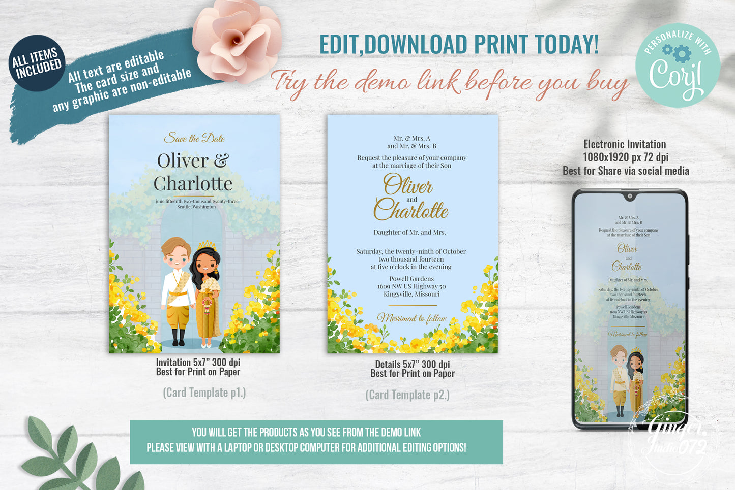 Cute Asian, Khmer, Lao, Thai Wedding invitation, E-Invite template #sewc230107