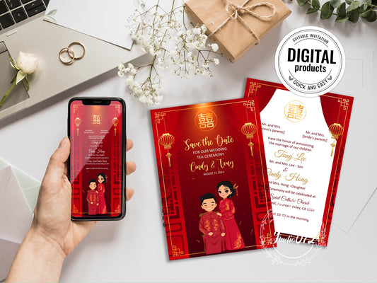 Cute Chinese Wedding, Tea Ceremony, invitation Template #cvwl220802