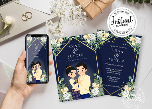 Cute Asian, Khmer, Lao, Thai Wedding invitation, E-Invite template #sewc211202