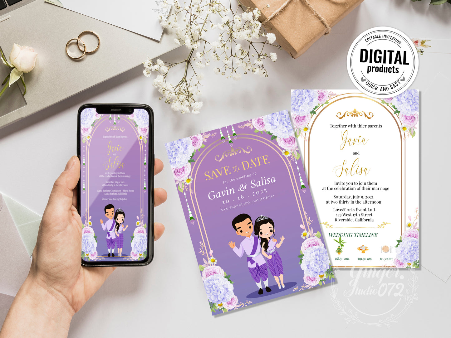 Cute Asian, Khmer, Lao, Thai Wedding invitation, E-Invite template  #sewc221201