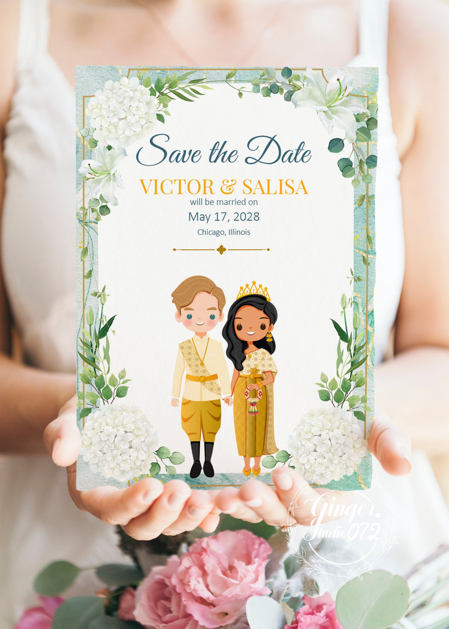 Cute Asian, Khmer, Lao, Thai Wedding invitation, E-Invite template #sewc230403