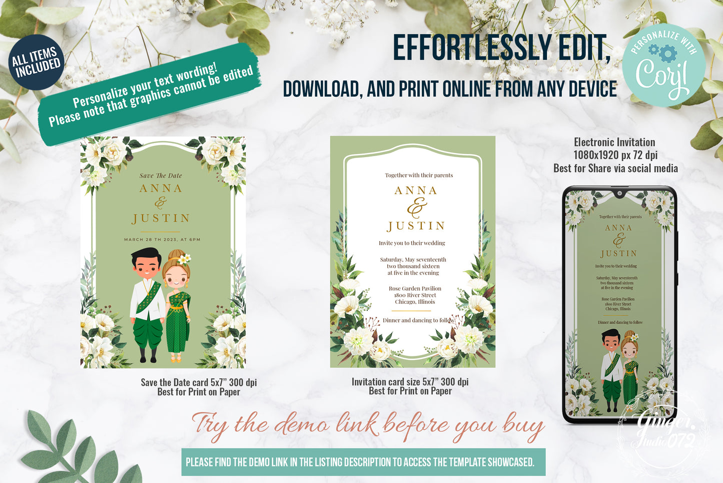 Cute Asian, Khmer, Lao, Thai Wedding invitation, E-Invite template #sewc230504