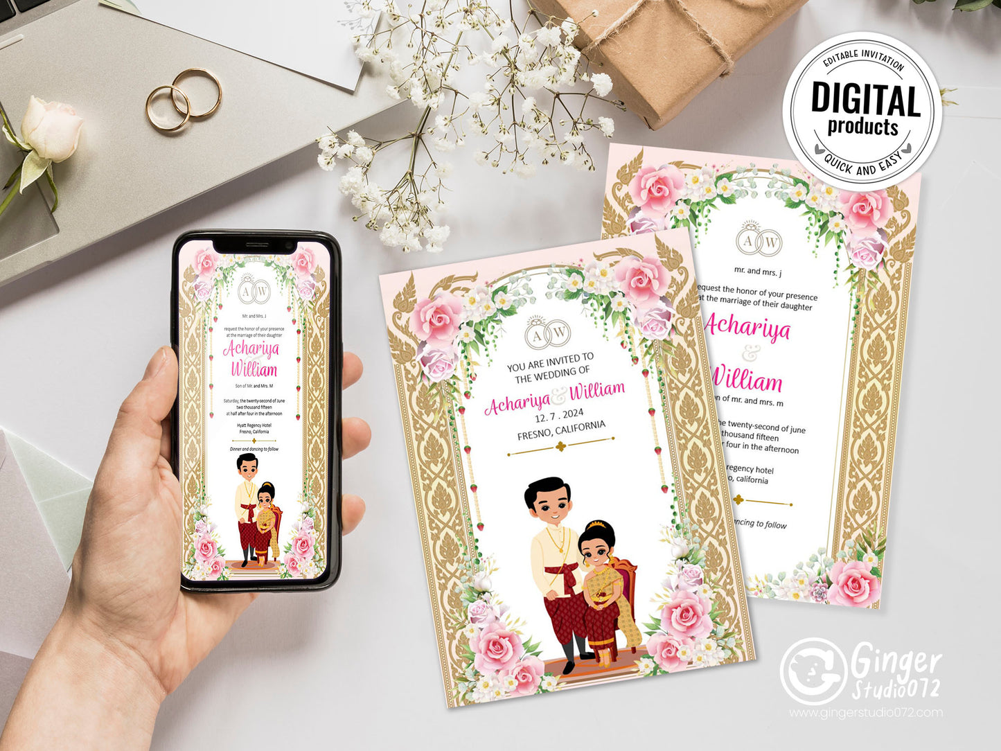 Cute Asian, Khmer, Lao, Thai Wedding invitation, E-Invite template #sewc230108