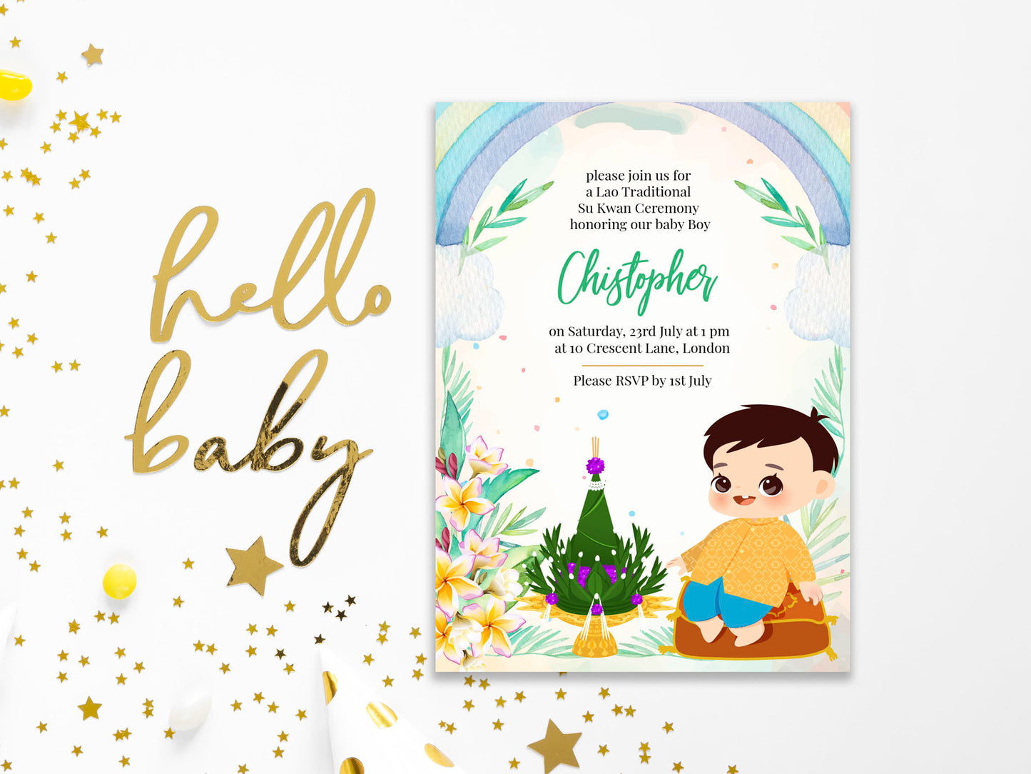 Cute 1st Birthday Invitation, Southeast Asian Theme, Customize Template #fbiv230505