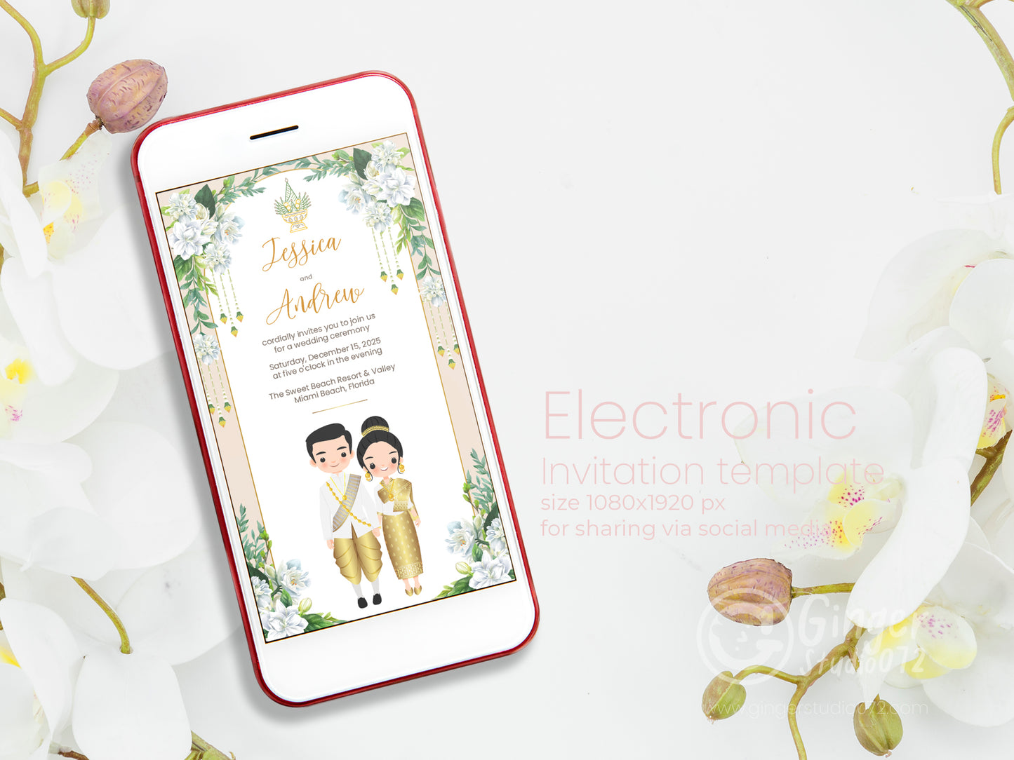 Cute Asian, Khmer, Lao, Thai Wedding invitation, E-Invite template #sewc240502
