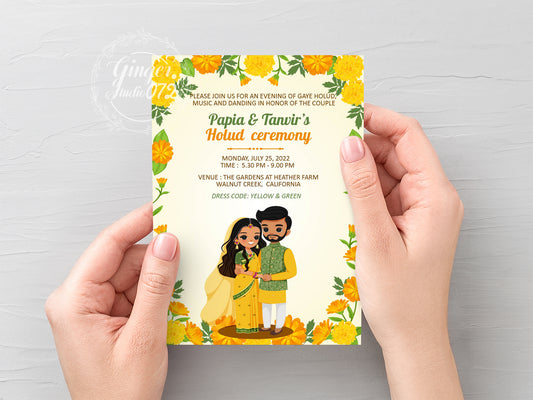Cute Indian/Hindu wedding invite, Haldi/Mehndi/Sangeet, Customize template #idhd220801