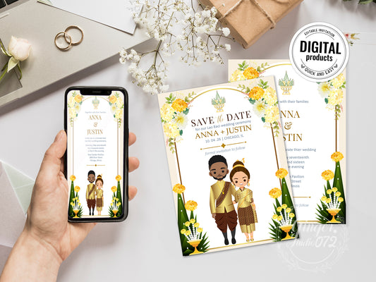 Cute Asian, Khmer, Lao, Thai Wedding invitation, E-Invite template #sewc230601
