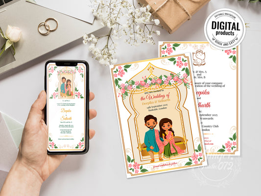 Cute Indian/Hindu wedding invite, Haldi/Mehndi/Sangeet, Customize template #idwc20501
