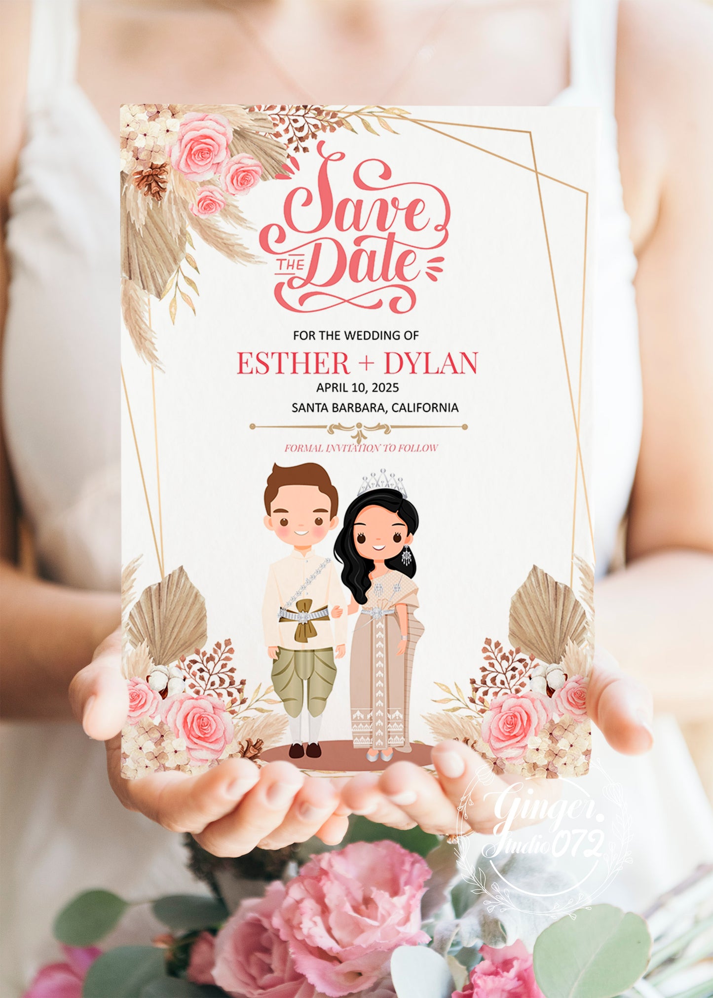 Cute Asian, Khmer, Lao, Thai Wedding invitation, E-Invite template #sewc220904