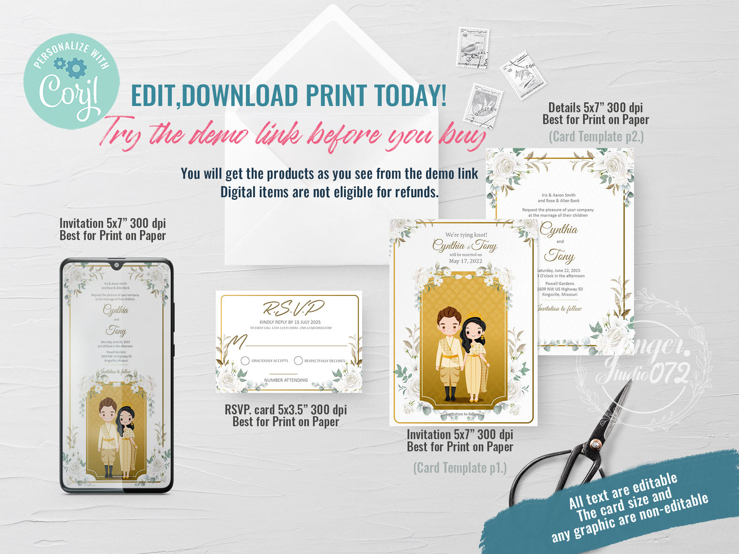 Cute Asian, Khmer, Lao, Thai Wedding invitation, E-Invite template #micv220801