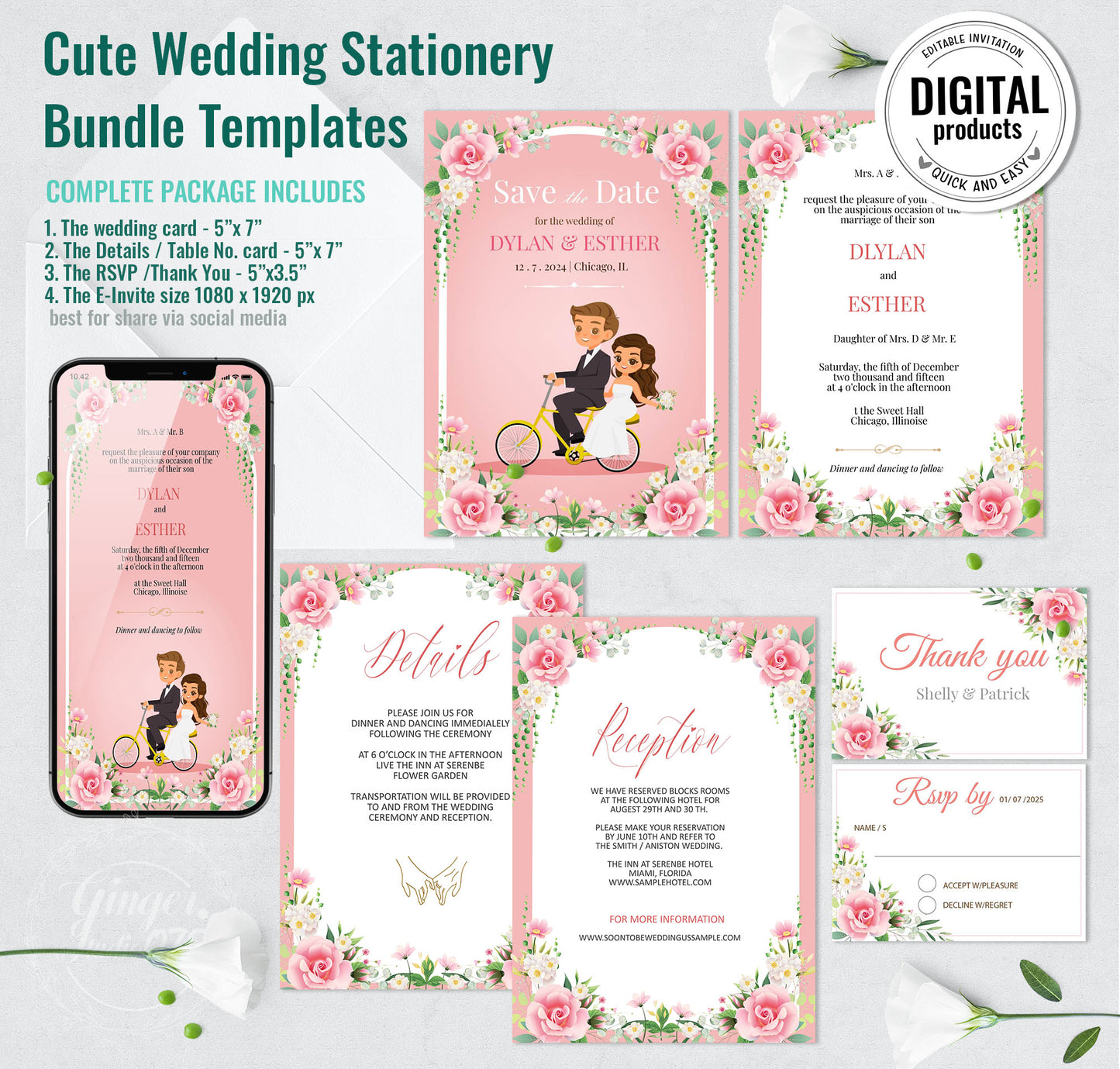 Cute Wedding Invitation, E-invitation, Digital Template set #ctwd221101