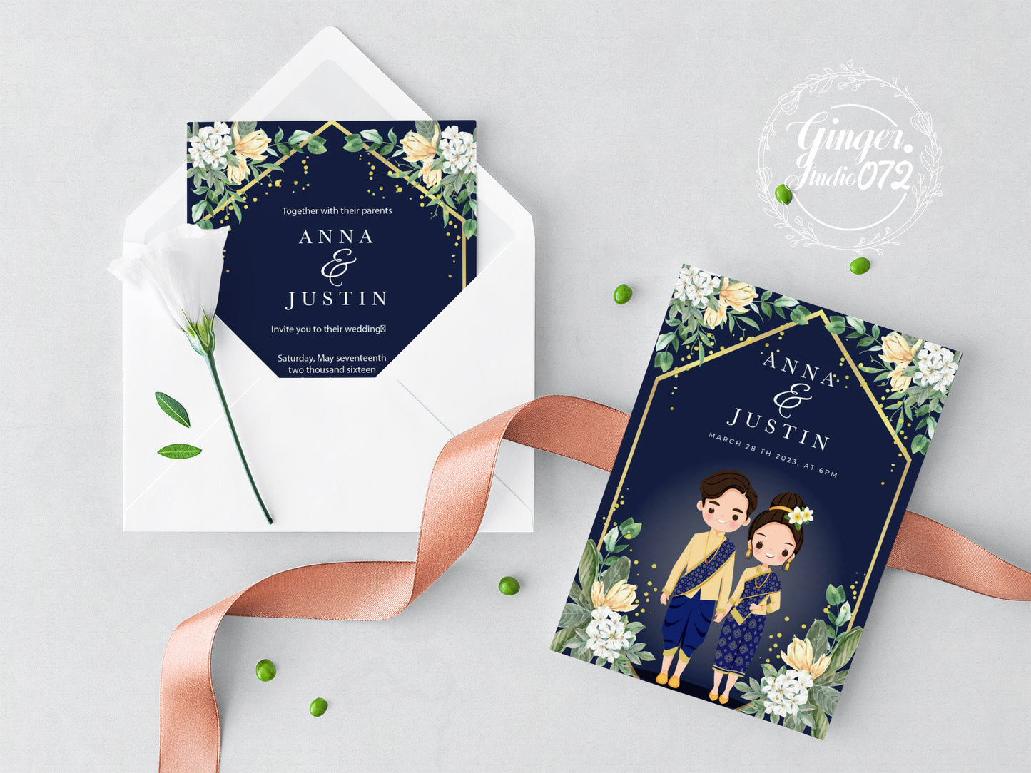 Cute Asian, Khmer, Lao, Thai Wedding invitation, E-Invite template #sewc211201