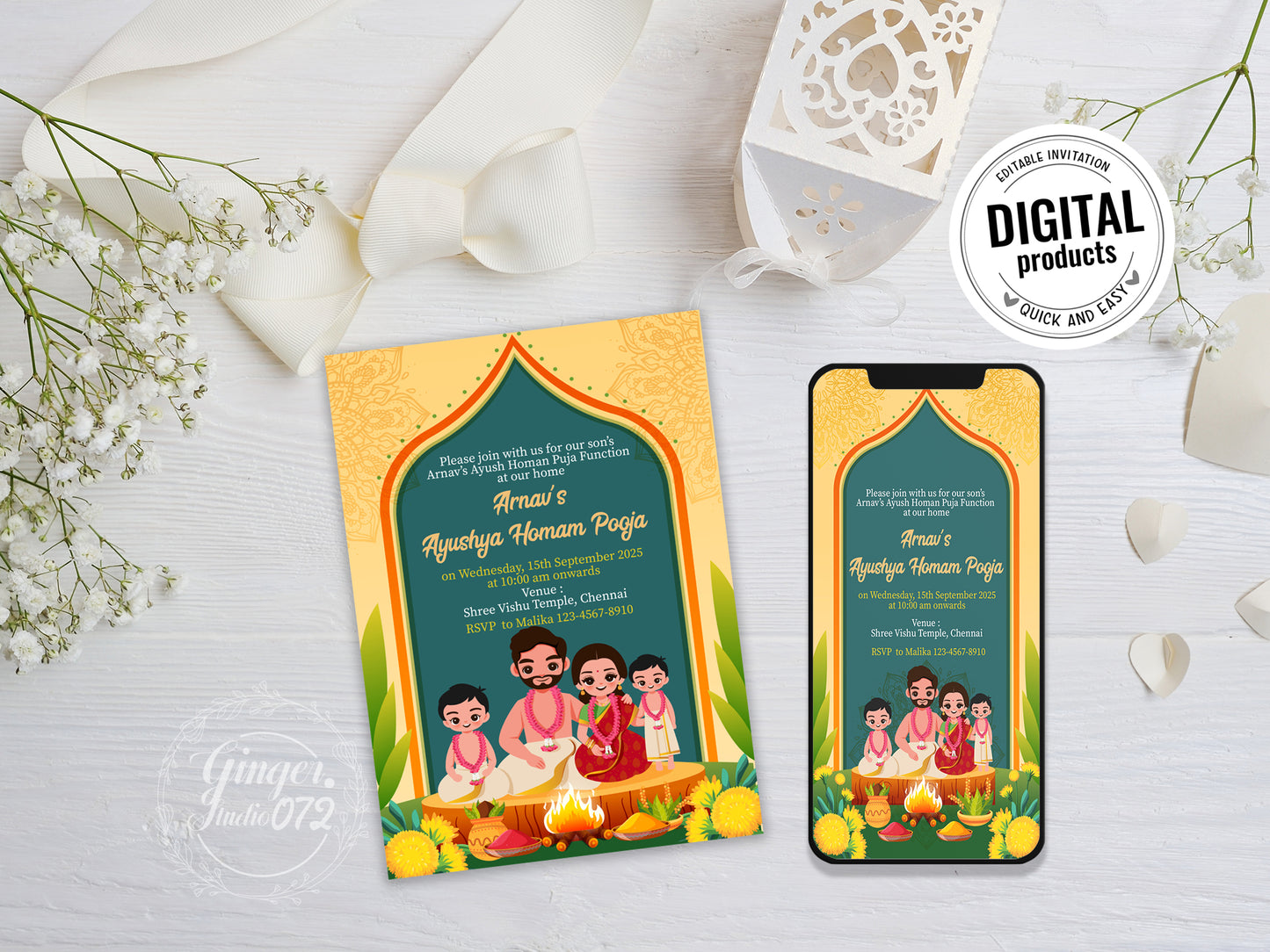 Cute Milestone invite, Ayush Homam Puja Function Ceremony, Customize Template #hfiv230601