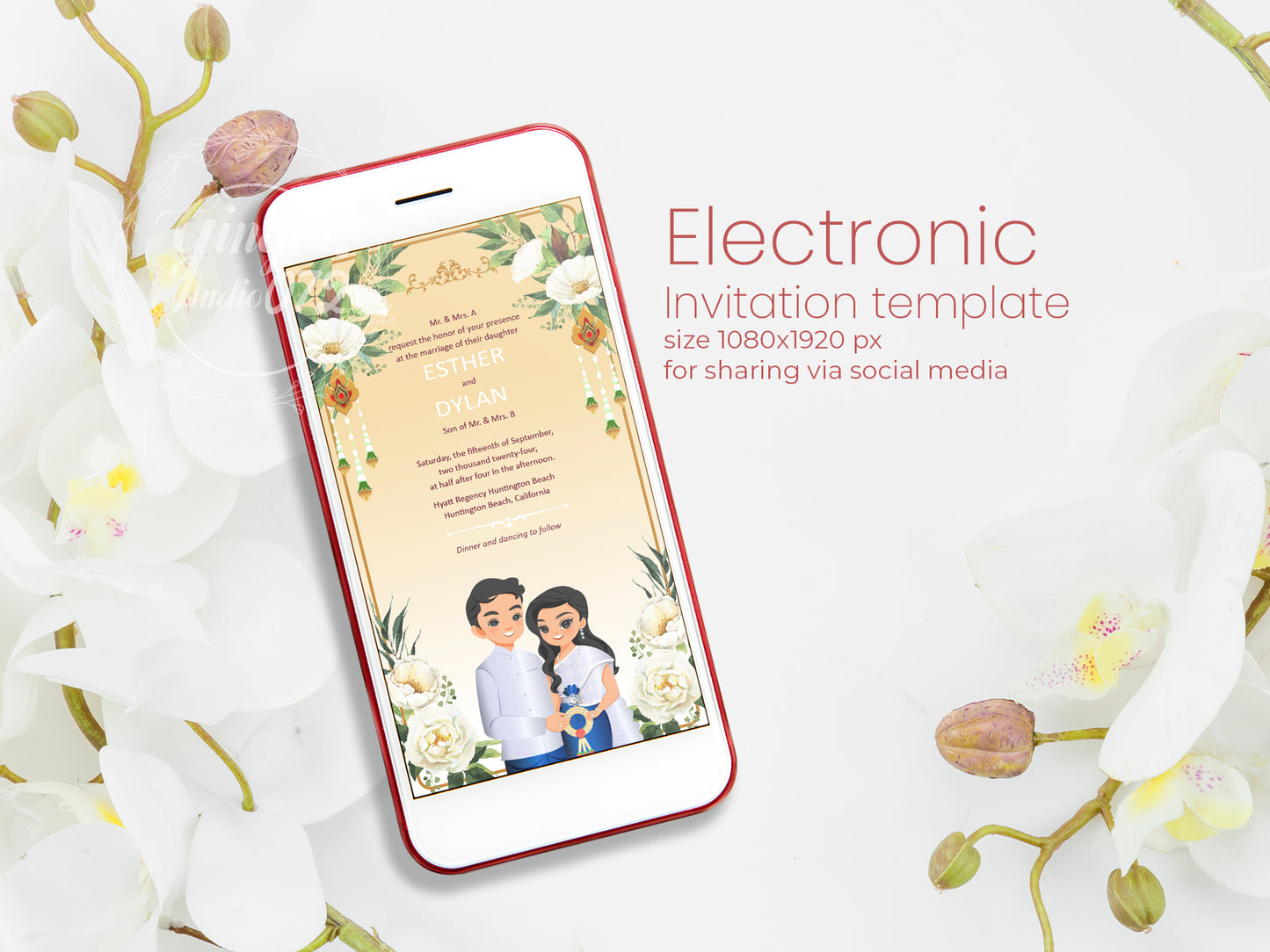 Cute Asian, Khmer, Lao, Thai Wedding invitation, E-Invite template #sewc231002