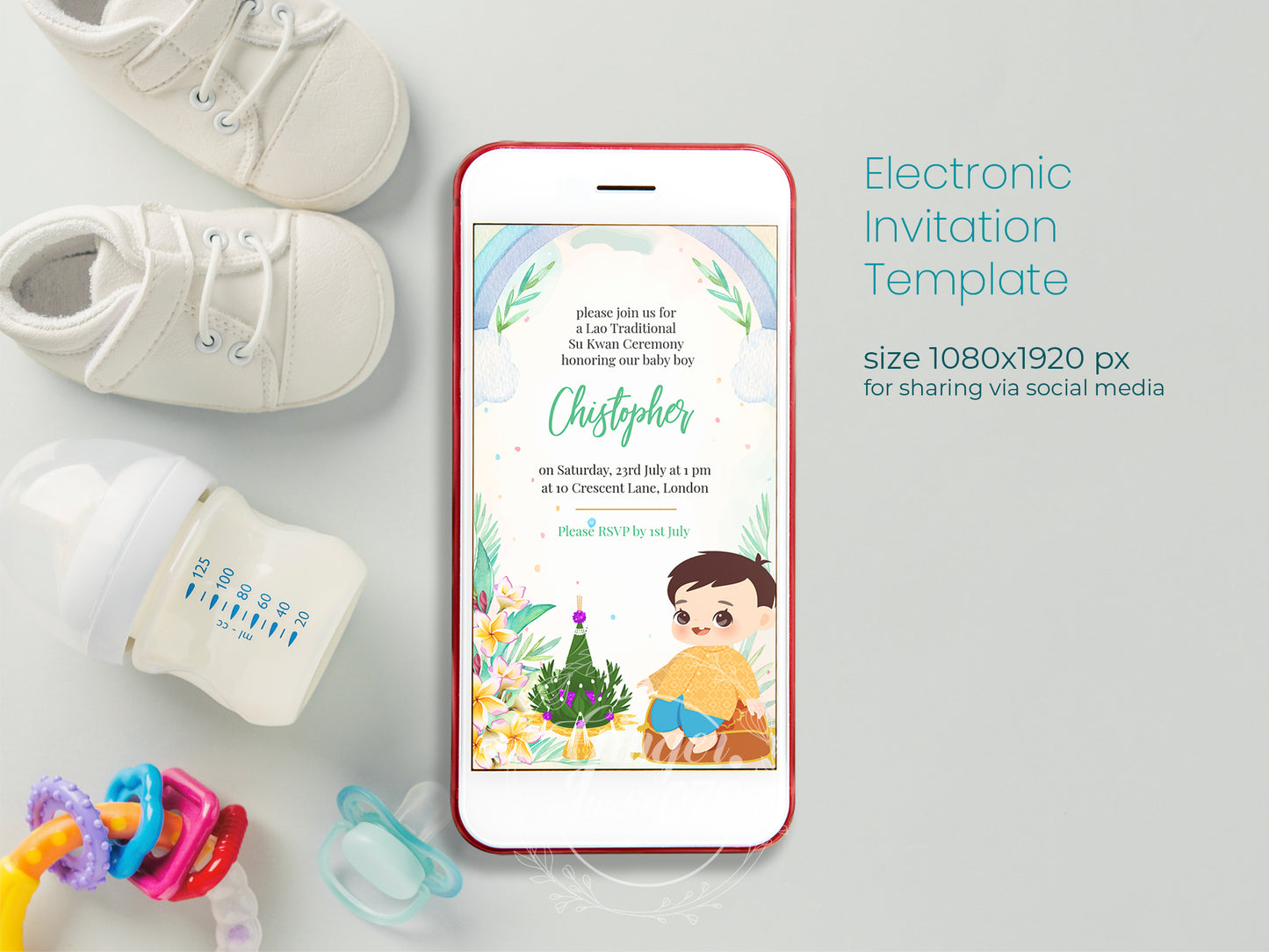 Cute 1st Birthday Invitation, Southeast Asian Theme, Customize Template #fbiv230505