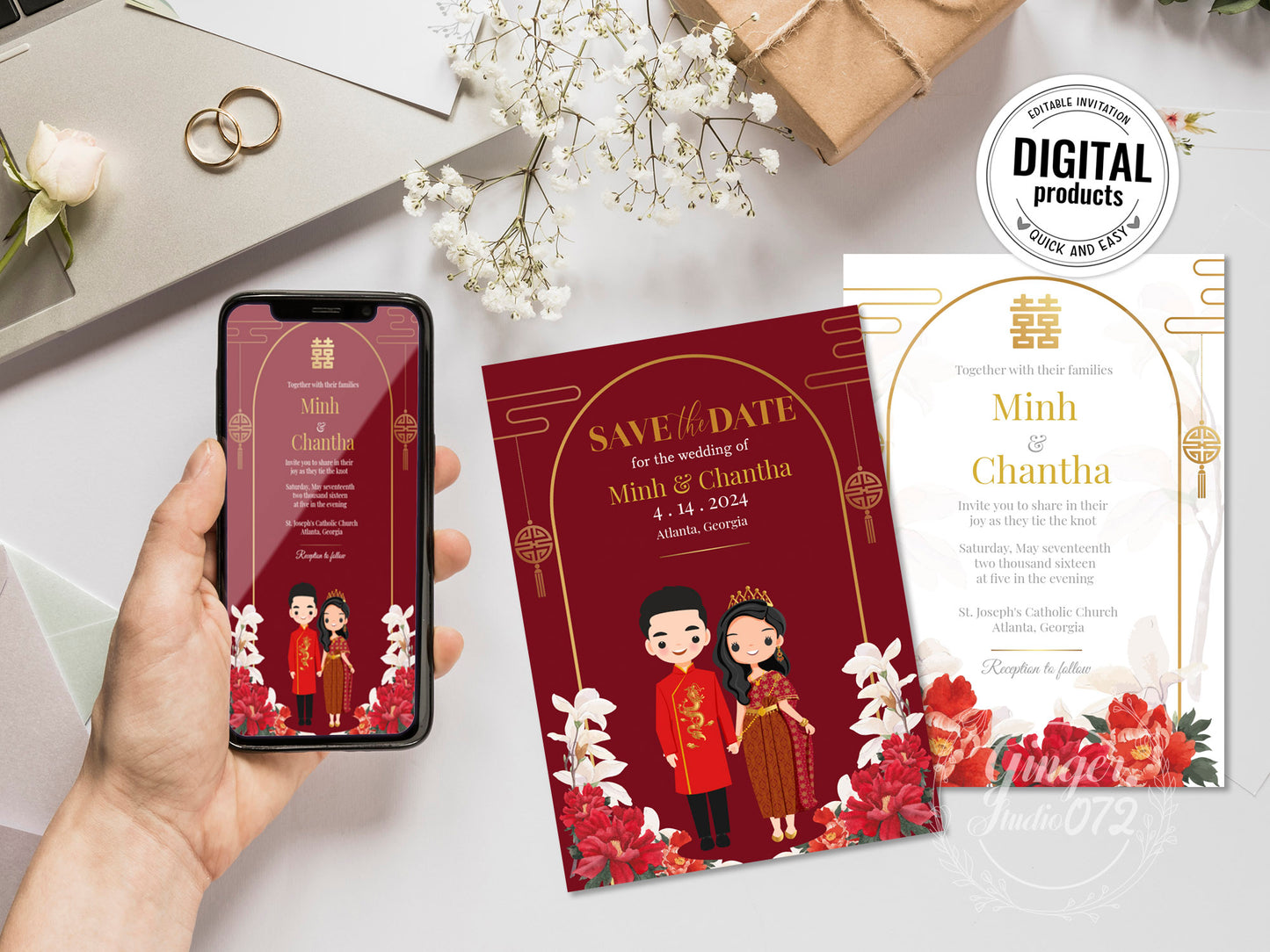 Cute Asian, Khmer, Lao, Thai Wedding invitation, E-Invite template #sewc230302