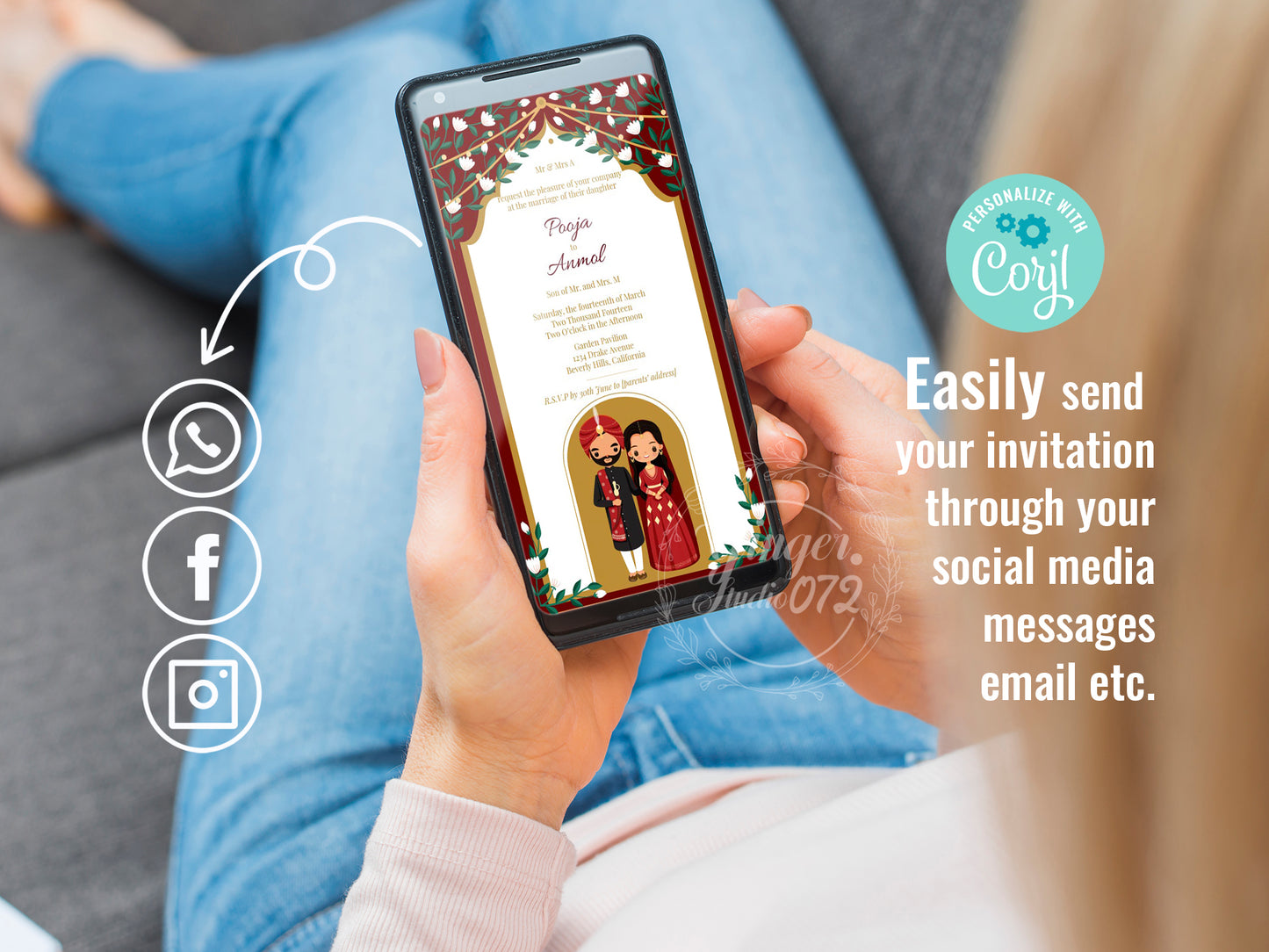 Cute Indian/Hindu wedding invite, Haldi/Mehndi/Sangeet, Customize template #idwc200706