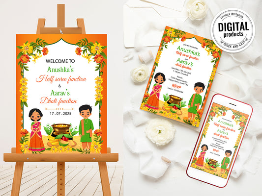 Cute Milestone invite, half saree and dhoti function, Customize Template #hfiv220702