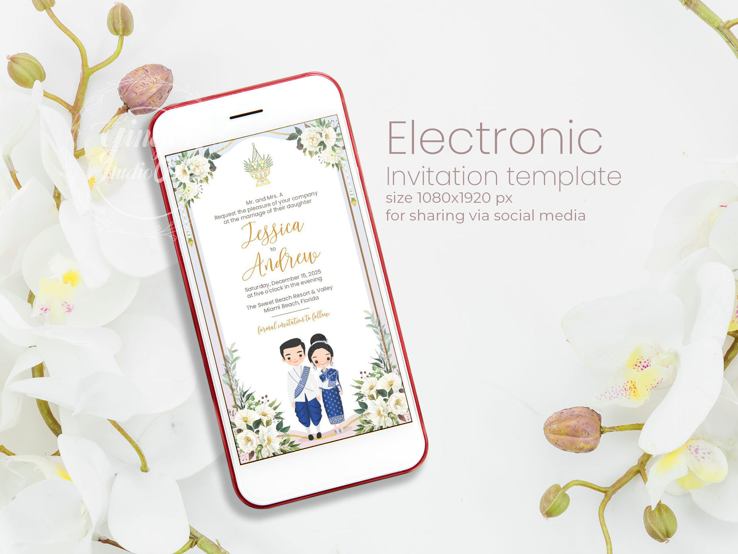 Cute Asian, Khmer, Lao, Thai Wedding invitation, E-Invite template #sewc240101