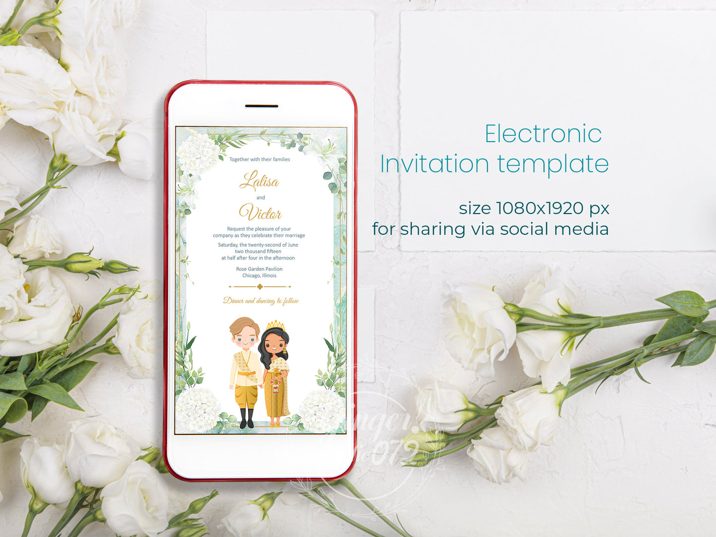 Cute Asian, Khmer, Lao, Thai Wedding invitation, E-Invite template #sewc230403