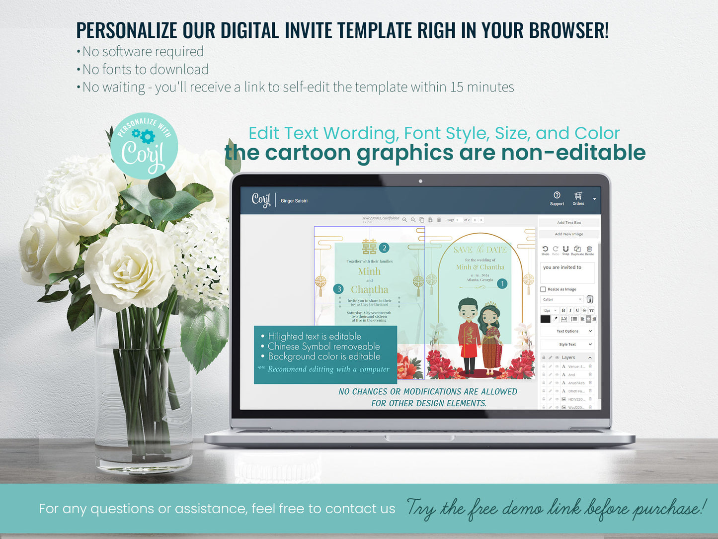 Cute Asian, Khmer, Lao, Thai Wedding invitation, E-Invite template #sewc230302