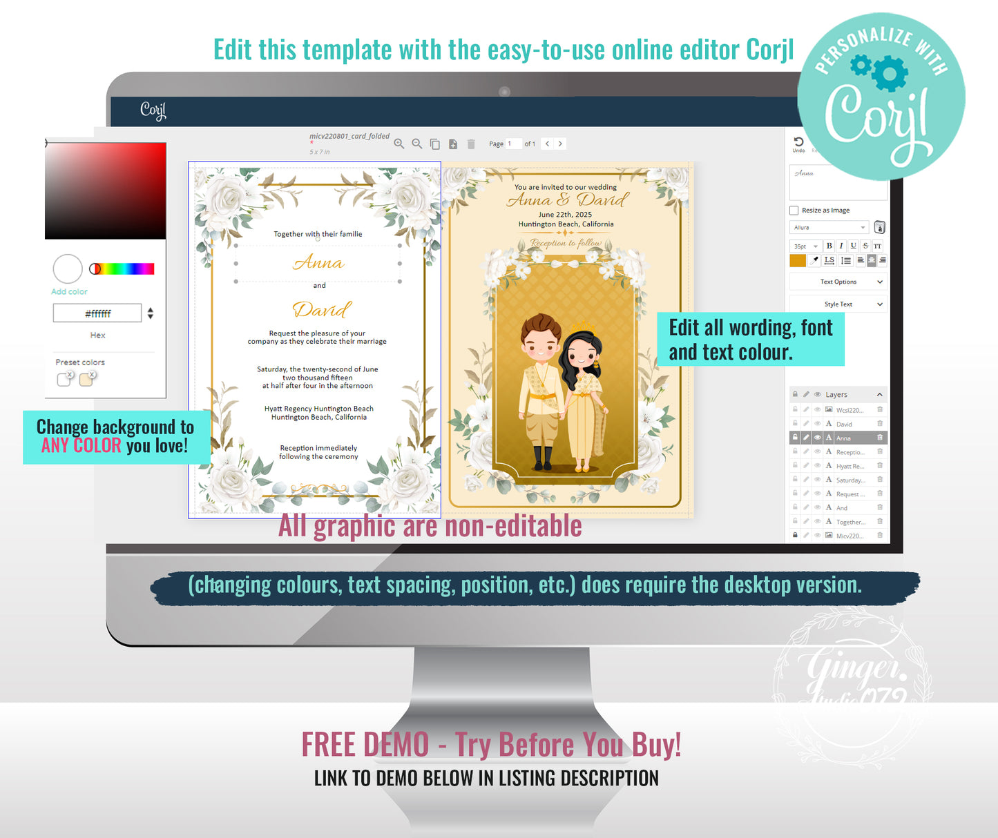 Cute Asian, Khmer, Lao, Thai Wedding invitation, E-Invite template #micv220801