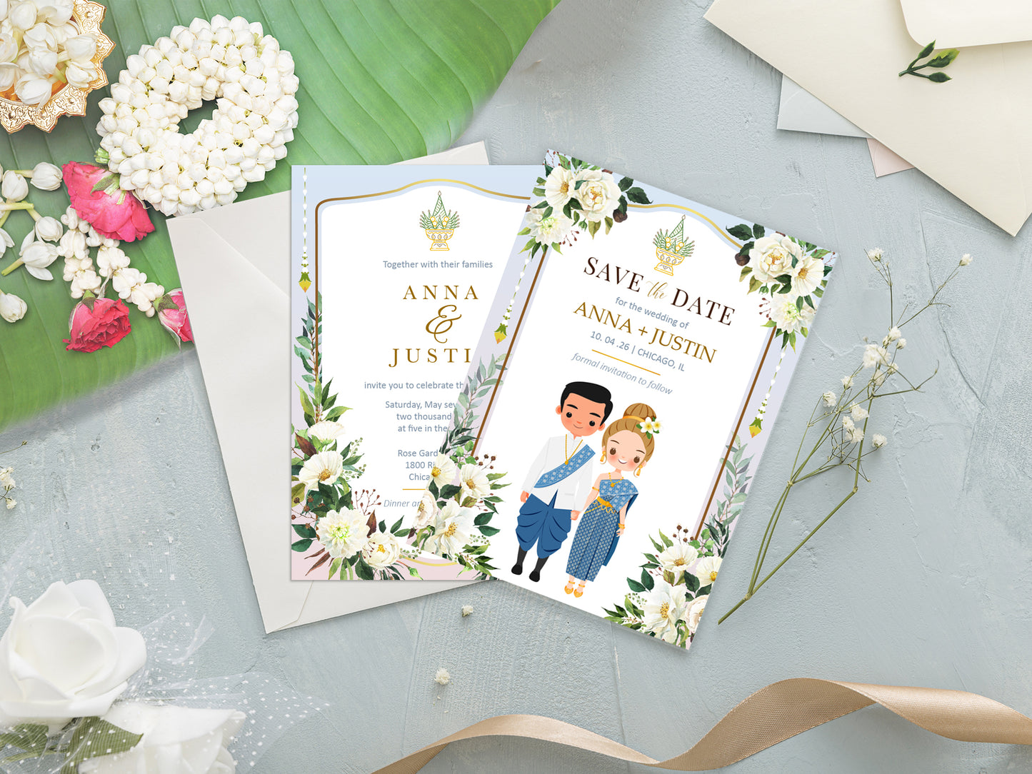 Cute Asian, Khmer, Lao, Thai Wedding invitation, E-Invite template  #sewc230502