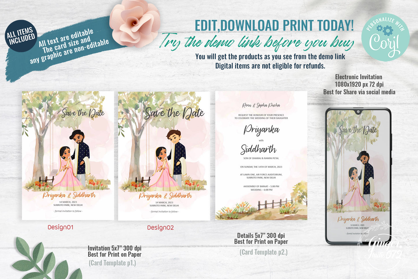 Cute Indian/Hindu wedding invite, Haldi/Mehndi/Sangeet, Customize template #idwc211101