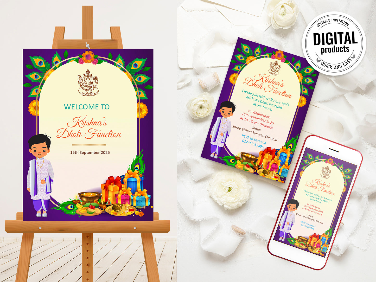 Cute Milestone invite, Dhoti function Ceremony, Customize Template #bsiv230302