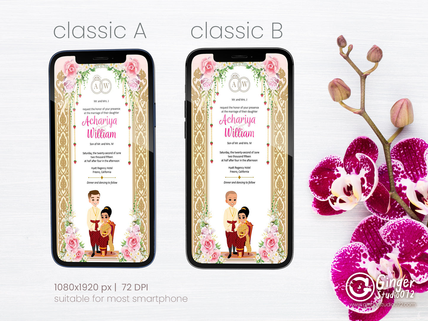 Cute Asian, Khmer, Lao, Thai Wedding invitation, E-Invite template #sewc230108